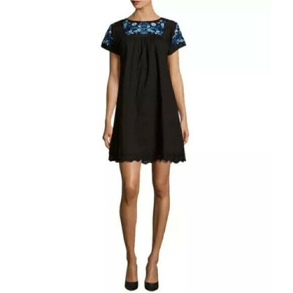 Rebecca Taylor Womans' Sz 6 Black Folk Garden Embroidered Dress Woven Cotton